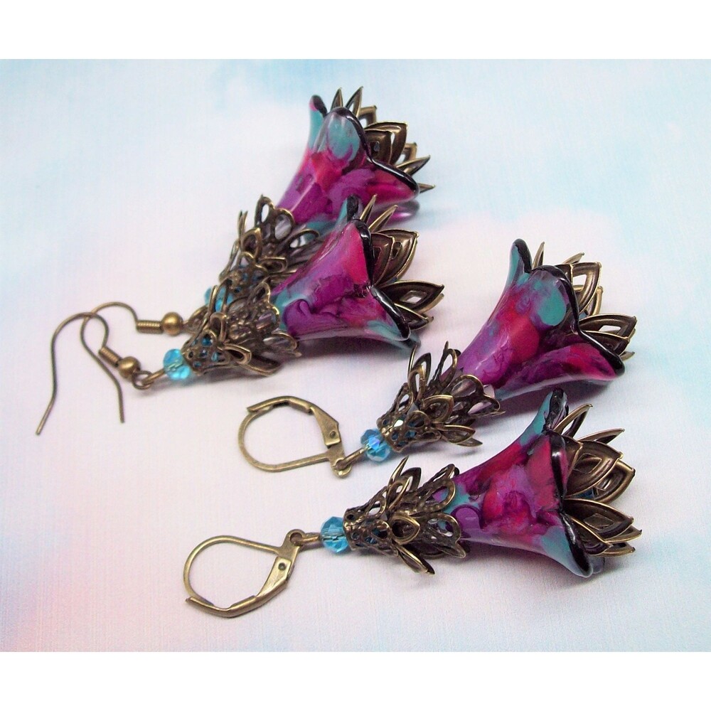 Flower Earrings Dangle, Art Nouveau, Vintage Style, Bronze,